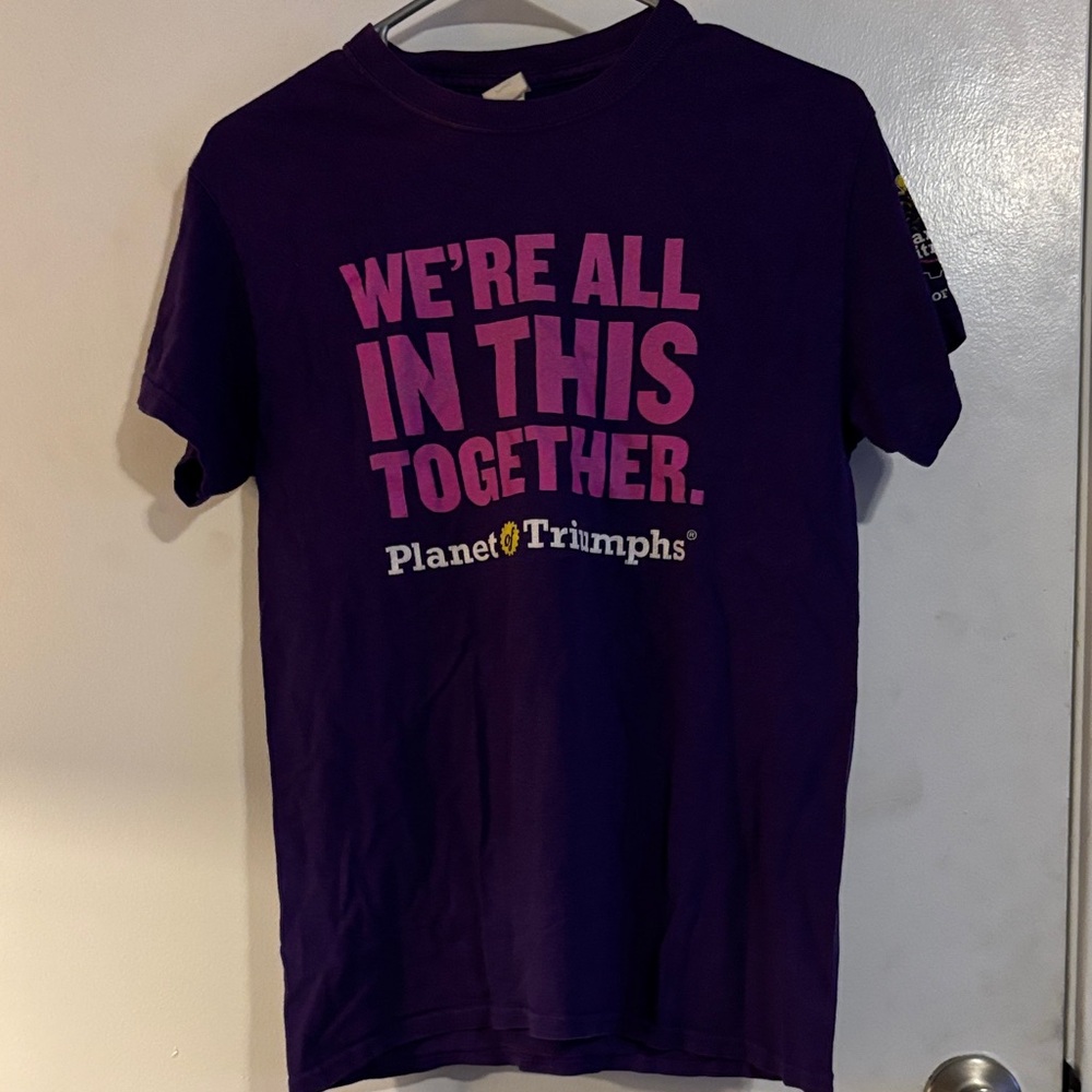 Gildan Dark Purple Tee with Pink and White Text